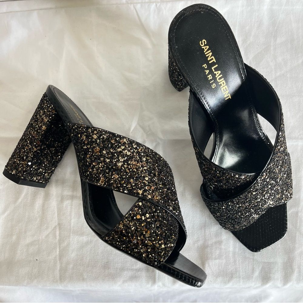 NEW | SAINT LAURENT Glitter YSL Shimmer Lou Lou 95 Sanda Midnight Nero Sz. 37.5 - Picture 3 of 12